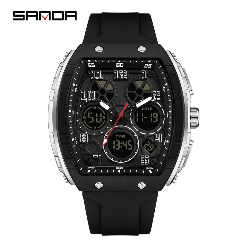 Sanda 6157 Men Sports Luxury Digital Wrist Watch Dual Display Chronograph with Luminous Silicone Band 51mm Band Width Dropship