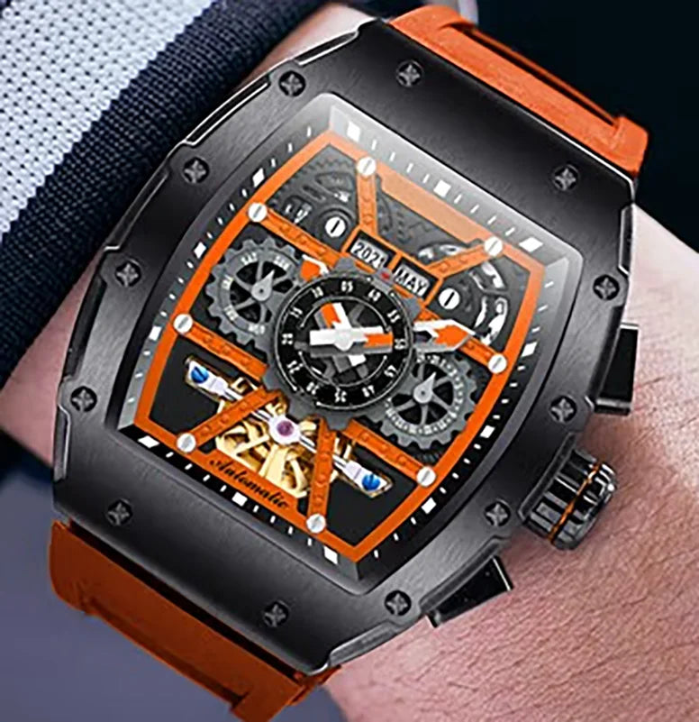 Latest Stainless Steel Barrel Case Skeleton Calendar Luminous Men Automatic Mechanical Watch