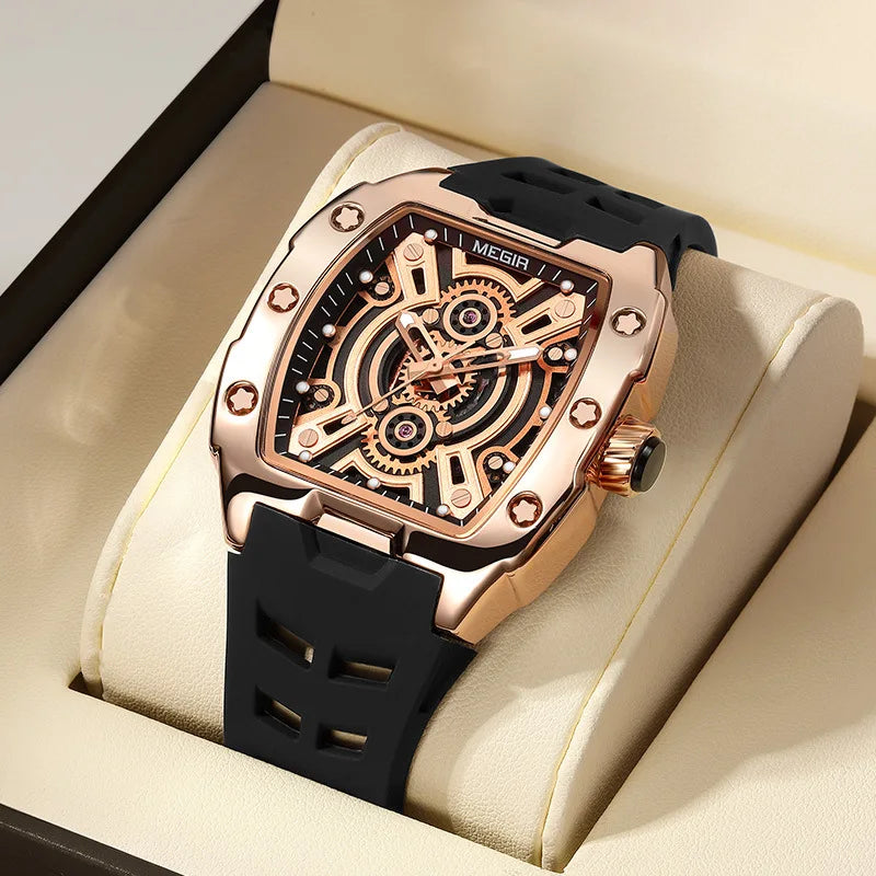 Megir 8116G 8116 Fashion Luxury Men's Luminous Analog Silicone Strap Quartz Watches Tonneau Dial Waterproof Wrist Watch for Men