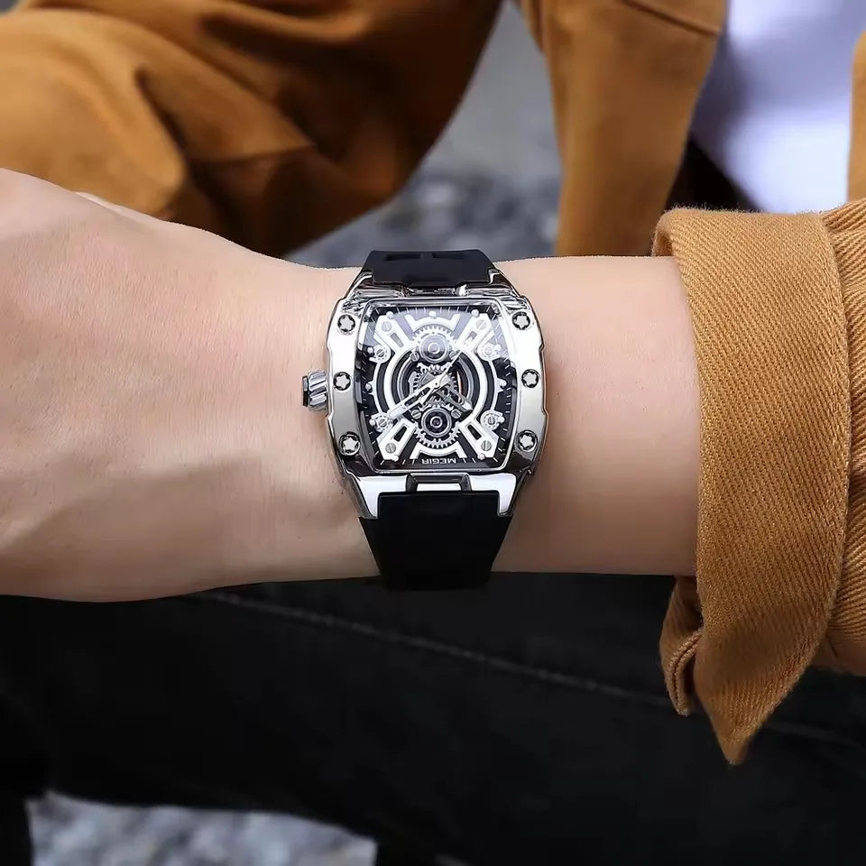 Megir 8116G 8116 Fashion Luxury Men's Luminous Analog Silicone Strap Quartz Watches Tonneau Dial Waterproof Wrist Watch for Men