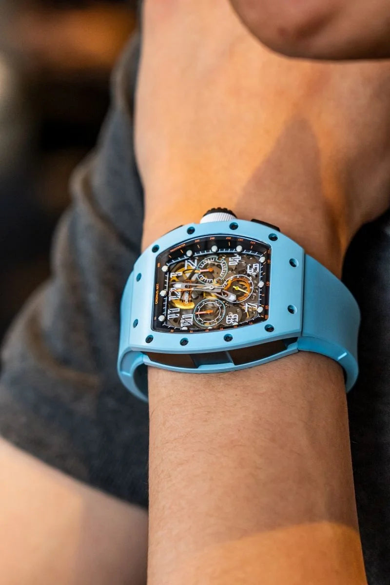 Luxury Men's Carbon Tonneau Mechanical Watches  Sapphire Crystal Watch Glasswith Luminous Hands and Transparent Movement Back