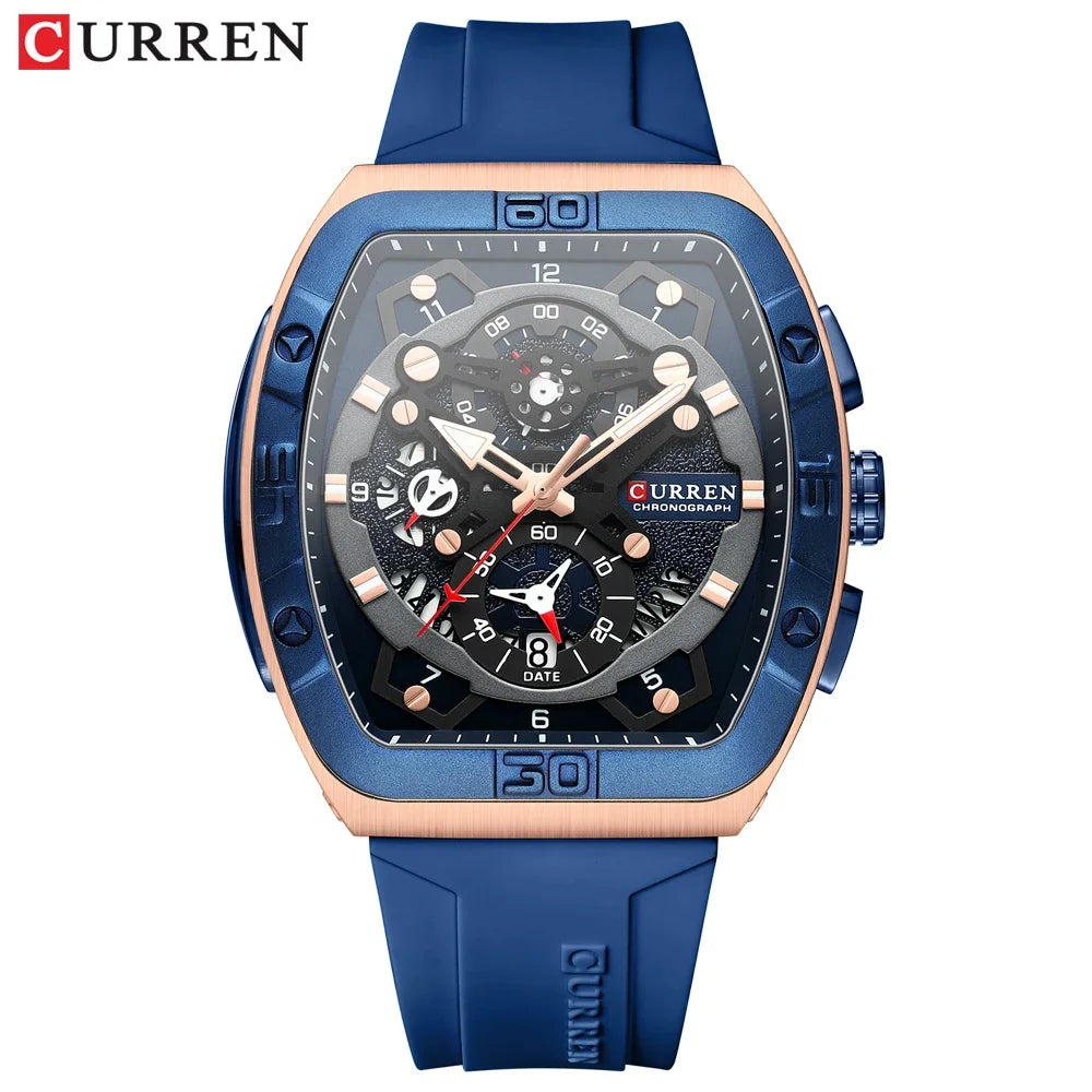 CURREN 8443 Brand Men Unique Tonneau Watches Large Dial Casual Quartz Silicone Strap Wrist Watches With Luminous for Male