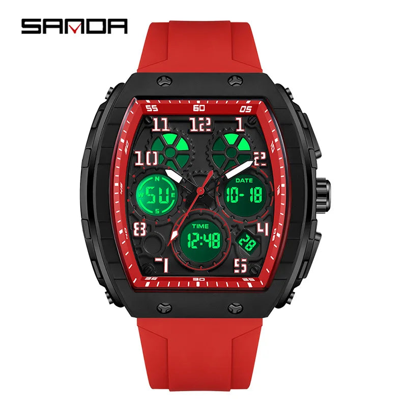 Sanda 6157 Men Sports Luxury Digital Wrist Watch Dual Display Chronograph with Luminous Silicone Band 51mm Band Width Dropship