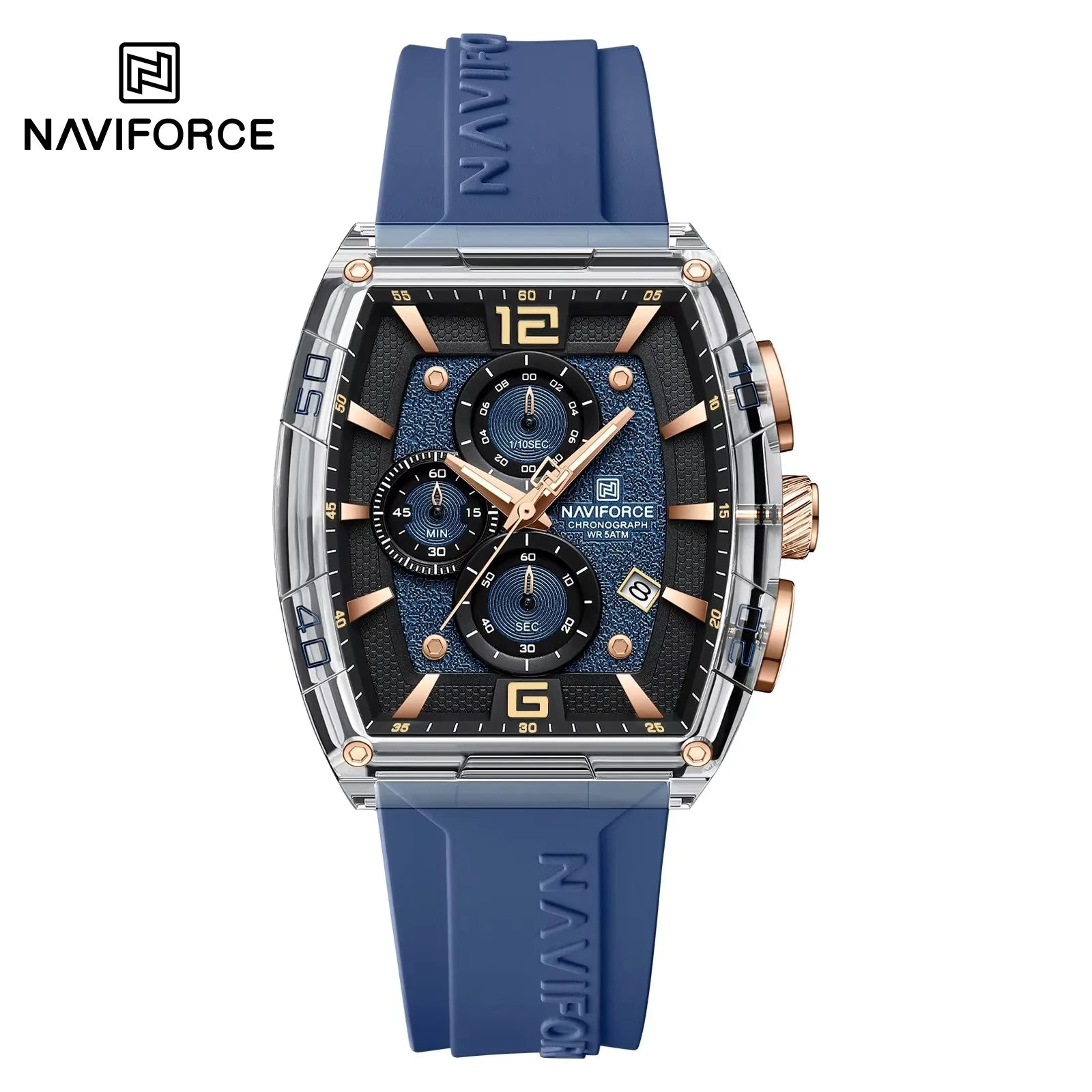 NAVIFORCE 6101 Men's Quartz Watch Casual Outdoor Sports Fashion Tonneau Dial Luminous Waterproof Silicone Strap Luxury