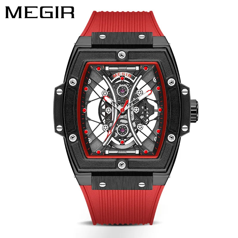 MEGIR 8109G Waterproof Tonneau Wristwatch Silicone Strap 8109 Quartz Watch Men Luminous Hands Alloy Case Fashion Male Watches