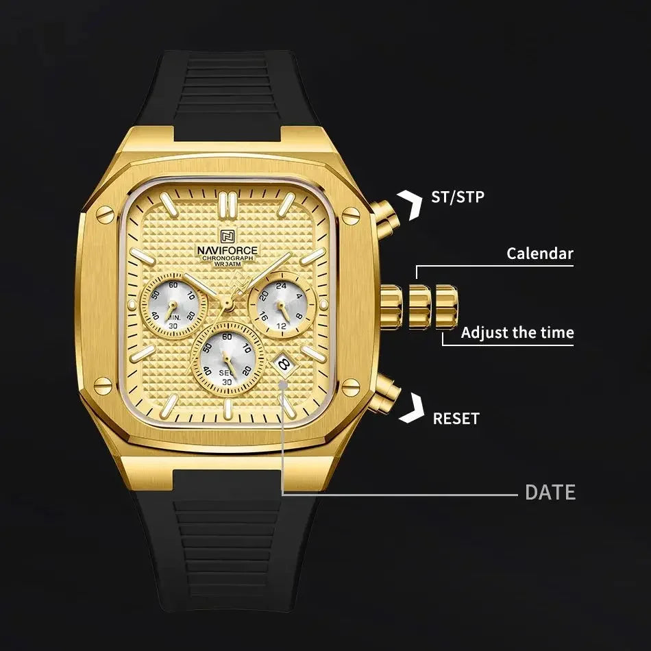NAVIFROCE 8032 New Square Multifunction Dial Waterproof Mens Sport Quartz Watches Silicone Strap Fashion Gold Watch for Men
