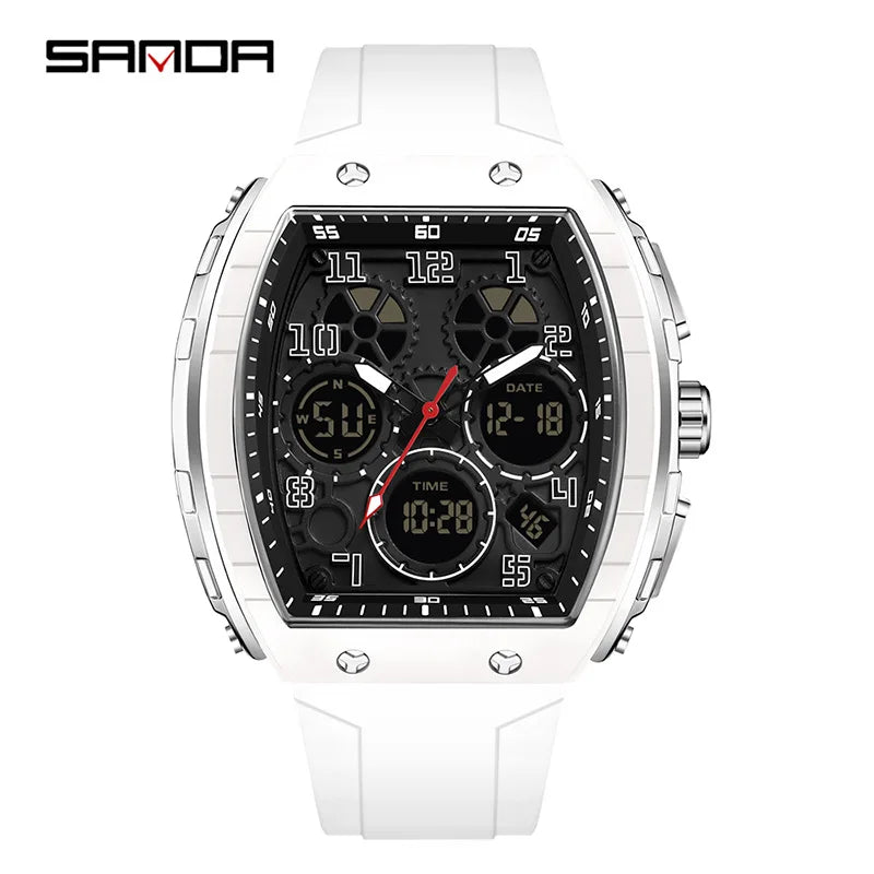 Sanda 6157 Men Sports Luxury Digital Wrist Watch Dual Display Chronograph with Luminous Silicone Band 51mm Band Width Dropship