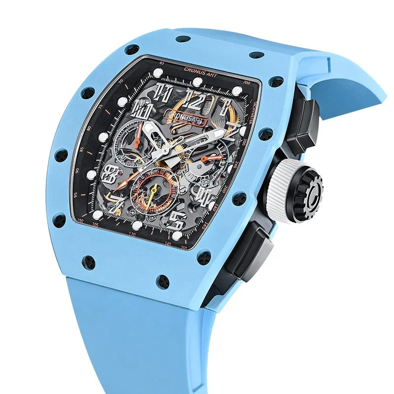 Luxury Men's Carbon Tonneau Mechanical Watches  Sapphire Crystal Watch Glasswith Luminous Hands and Transparent Movement Back