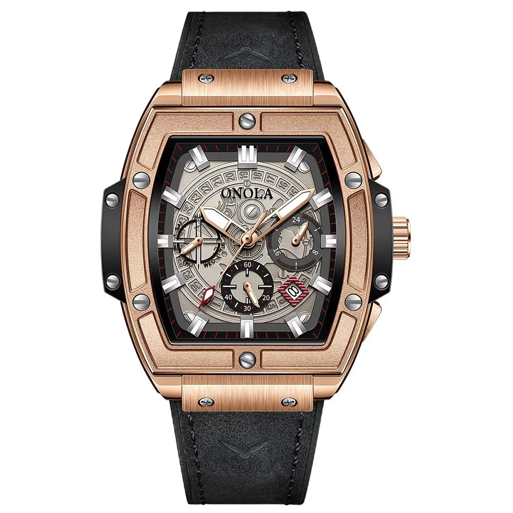 Onola 6819 Fashion Japan Quartz Watch Male Waterproof Sport Men's Wristwatches Clock Glass Genuine Leather Alloy Tonneau Watches
