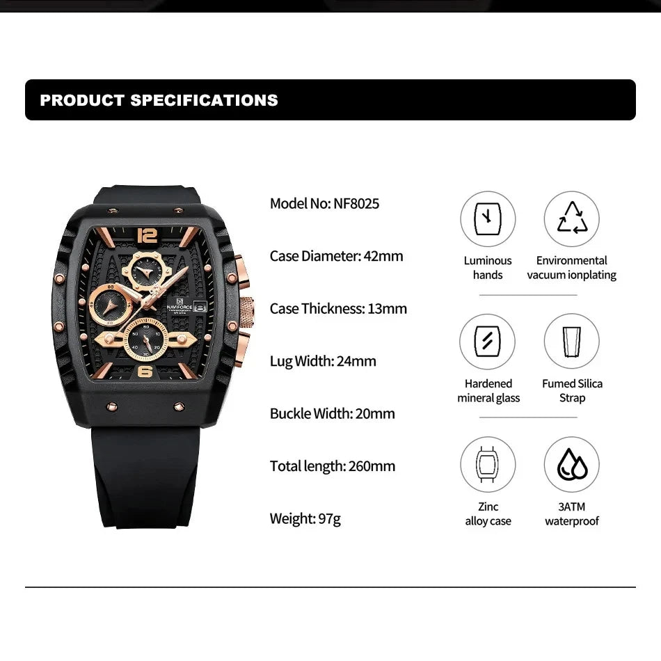 NAVIFORCE  Men's Business Watches Sports Quartz Chronograph Silicone Band Casual Male Waterproof Wristwatches