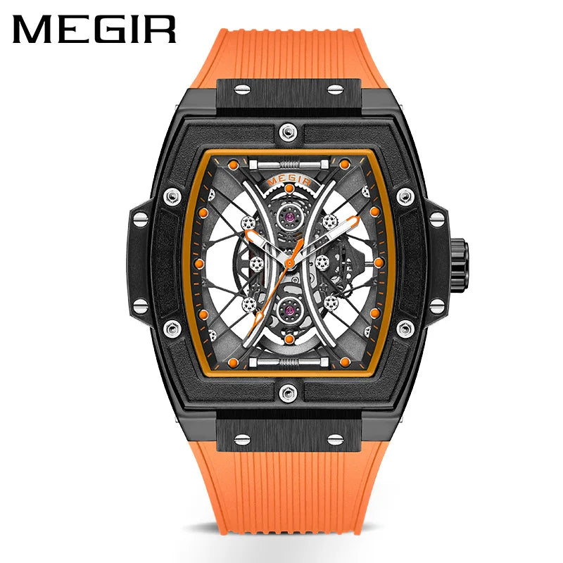MEGIR 8109G Waterproof Tonneau Wristwatch Silicone Strap 8109 Quartz Watch Men Luminous Hands Alloy Case Fashion Male Watches