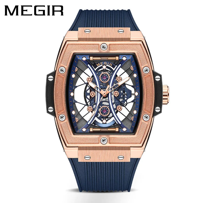 MEGIR 8109G Waterproof Tonneau Wristwatch Silicone Strap 8109 Quartz Watch Men Luminous Hands Alloy Case Fashion Male Watches