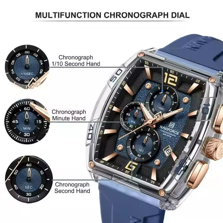 NAVIFORCE 6101 Men's Quartz Watch Casual Outdoor Sports Fashion Tonneau Dial Luminous Waterproof Silicone Strap Luxury