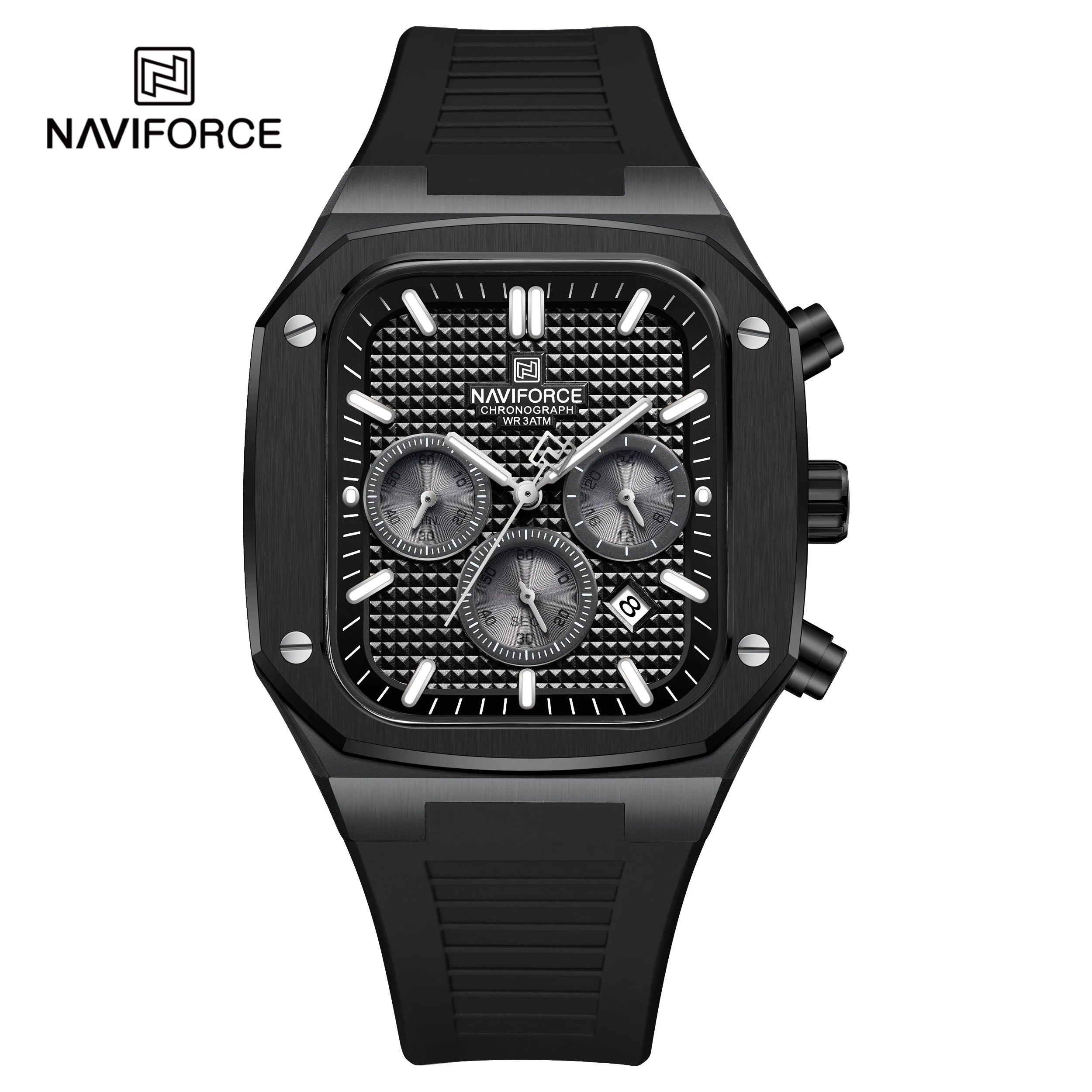 NAVIFROCE 8032 New Square Multifunction Dial Waterproof Mens Sport Quartz Watches Silicone Strap Fashion Gold Watch for Men