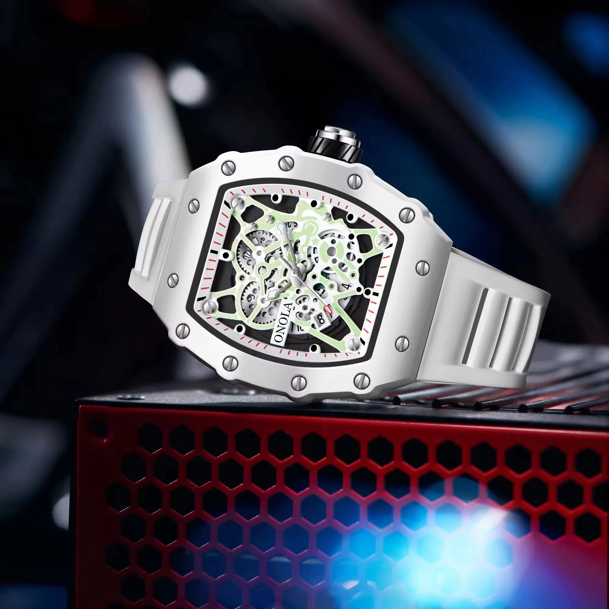 ONOLA 3827W Luminous Night Light Chronograph Original Japan Quartz Silicone Strap Sports Transparent Watch for Men Wrist Watches