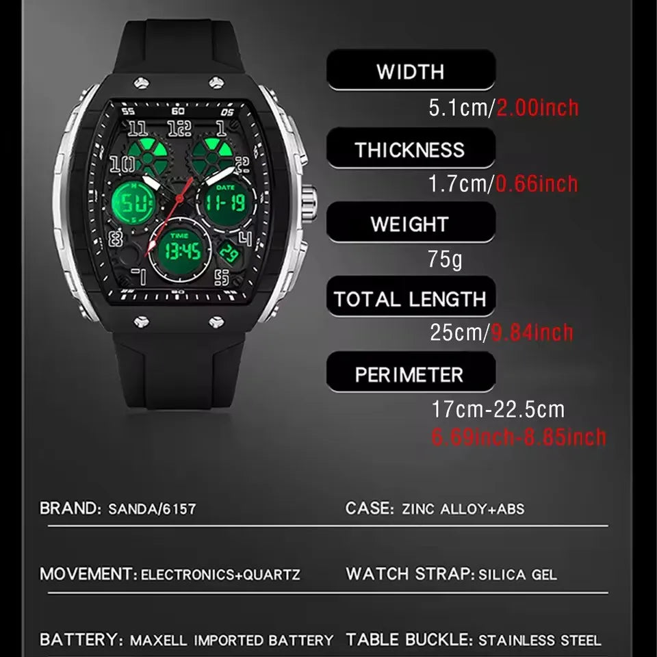 Sanda 6157 Men Sports Luxury Digital Wrist Watch Dual Display Chronograph with Luminous Silicone Band 51mm Band Width Dropship