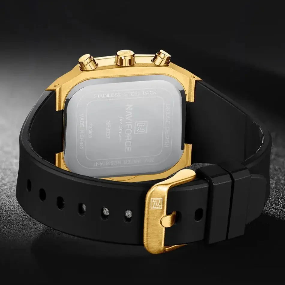 NAVIFROCE 8032 New Square Multifunction Dial Waterproof Mens Sport Quartz Watches Silicone Strap Fashion Gold Watch for Men