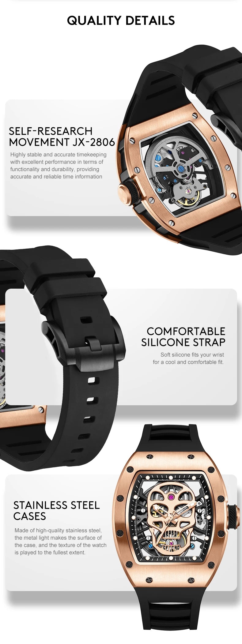 Men's Unique Tonneau Casual Wristwatch with Soft Silicon Band Hollow Analog  Sport Watch