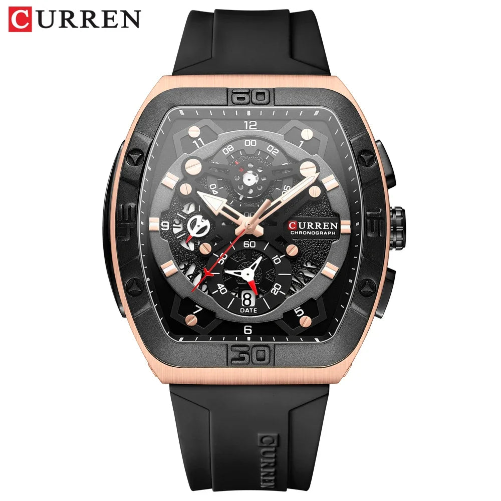 CURREN 8443 Brand Men Unique Tonneau Watches Large Dial Casual Quartz Silicone Strap Wrist Watches With Luminous for Male