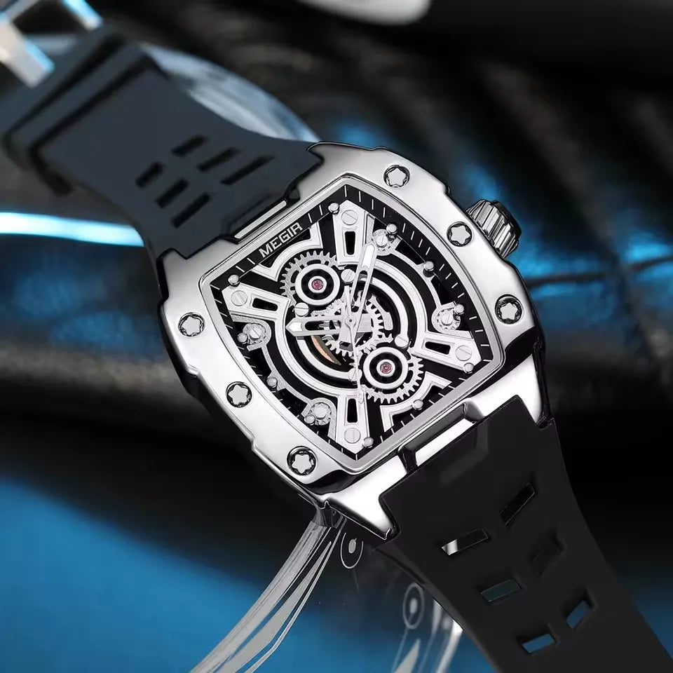 Megir 8116G 8116 Fashion Luxury Men's Luminous Analog Silicone Strap Quartz Watches Tonneau Dial Waterproof Wrist Watch for Men