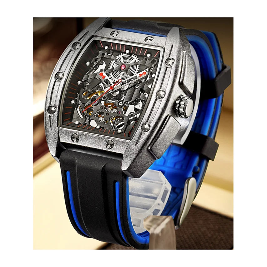 Factory Bulk Custom Stainless Steel Barrel Case Skeleton Flywheel Men Automatic Mechanical Watch