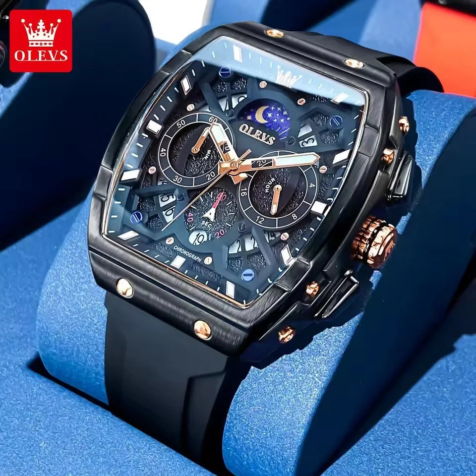 OLEVS 2942 Watch for Men Multifunction Sport Chronograph Waterproof Silicone Strap Quartz Mens Watches Luxury Black Wristwatches