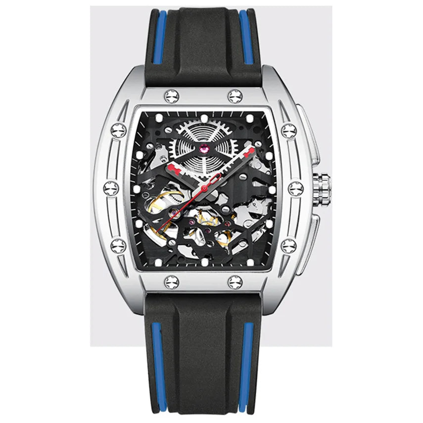 Factory Bulk Custom Stainless Steel Barrel Case Skeleton Flywheel Men Automatic Mechanical Watch