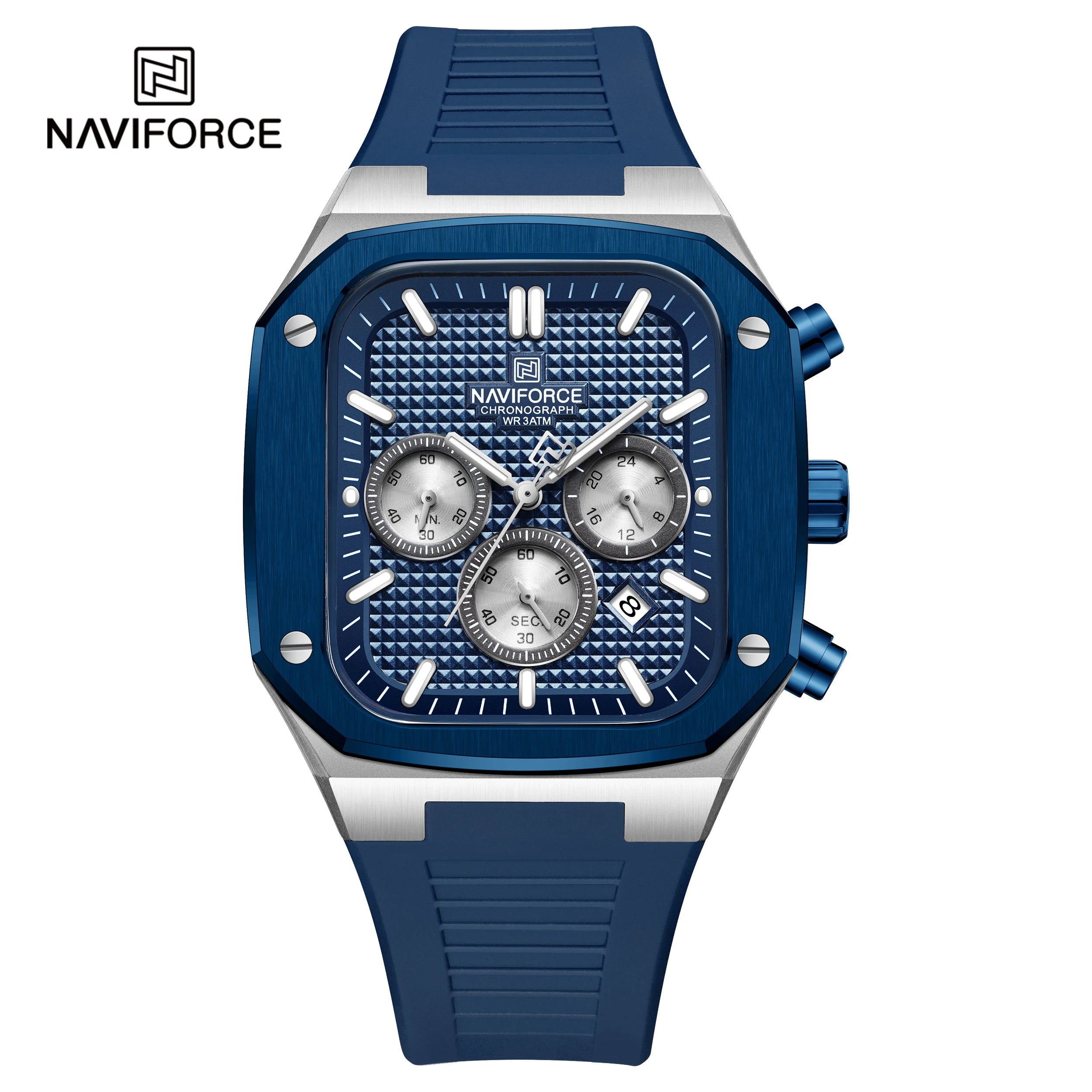NAVIFROCE 8032 New Square Multifunction Dial Waterproof Mens Sport Quartz Watches Silicone Strap Fashion Gold Watch for Men