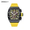 Luxury Men's Carbon Tonneau Mechanical Watches  Sapphire Crystal Watch Glasswith Luminous Hands and Transparent Movement Back