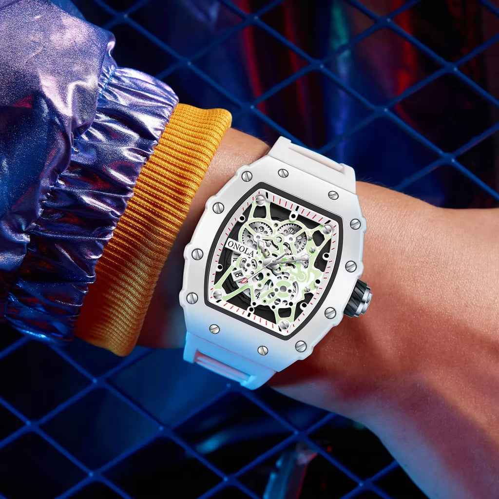 ONOLA 3827W Luminous Night Light Chronograph Original Japan Quartz Silicone Strap Sports Transparent Watch for Men Wrist Watches
