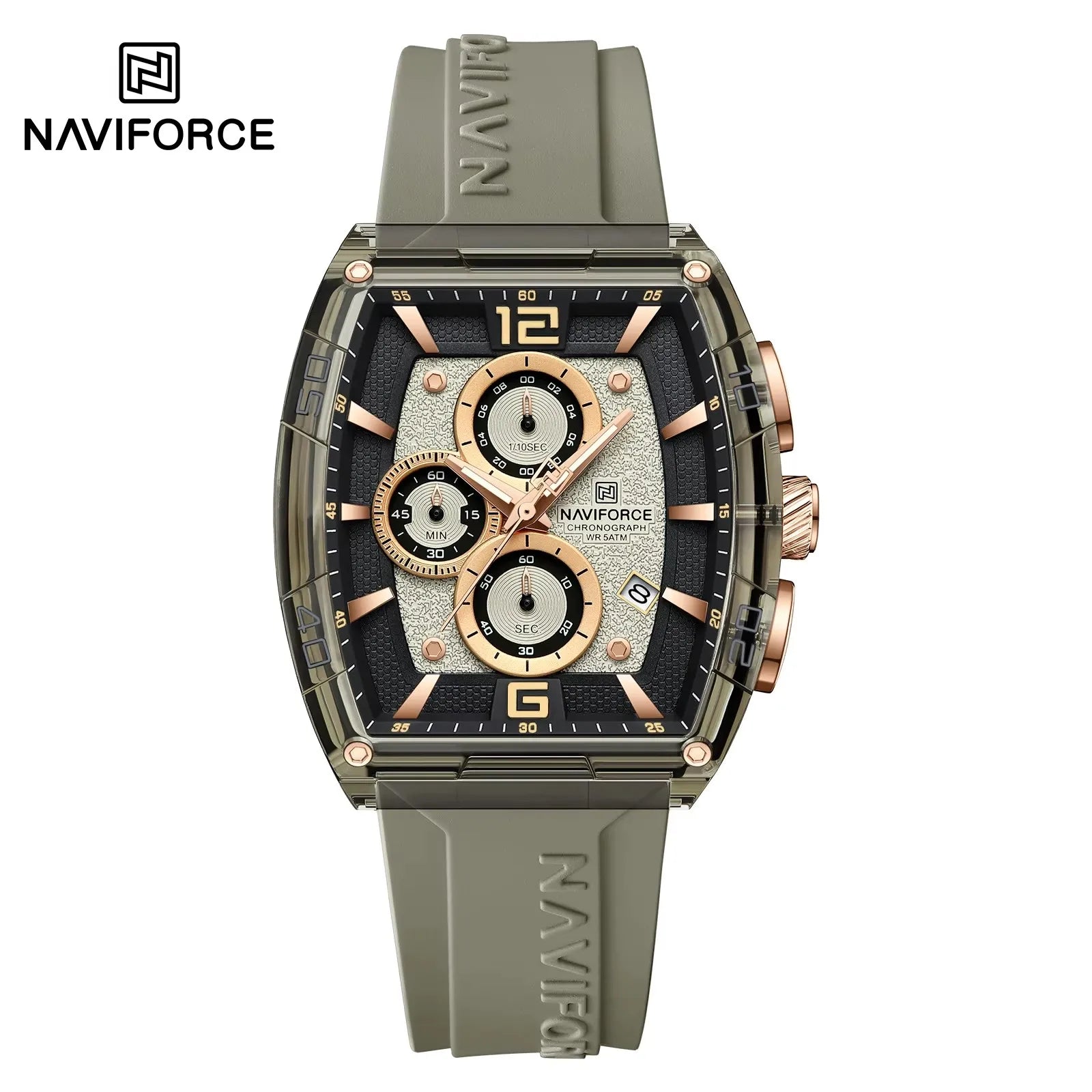 NAVIFORCE 6101 Men's Quartz Watch Casual Outdoor Sports Fashion Tonneau Dial Luminous Waterproof Silicone Strap Luxury