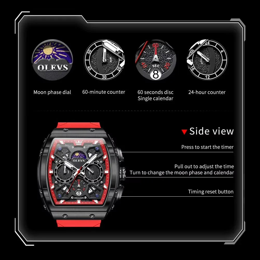 OLEVS 2942 Watch for Men Multifunction Sport Chronograph Waterproof Silicone Strap Quartz Mens Watches Luxury Black Wristwatches