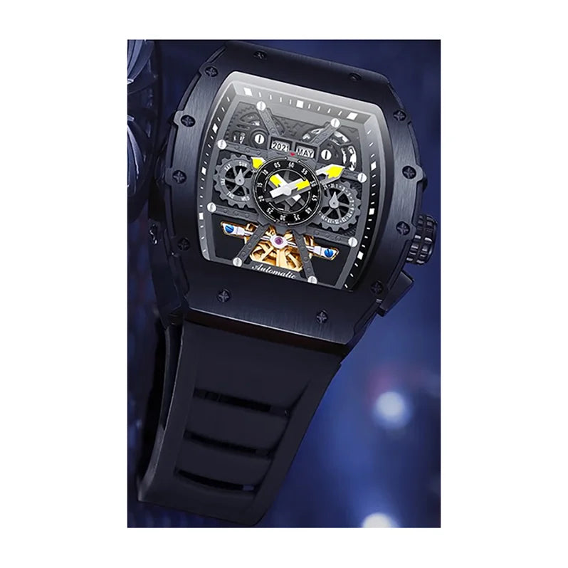 Latest Stainless Steel Barrel Case Skeleton Calendar Luminous Men Automatic Mechanical Watch