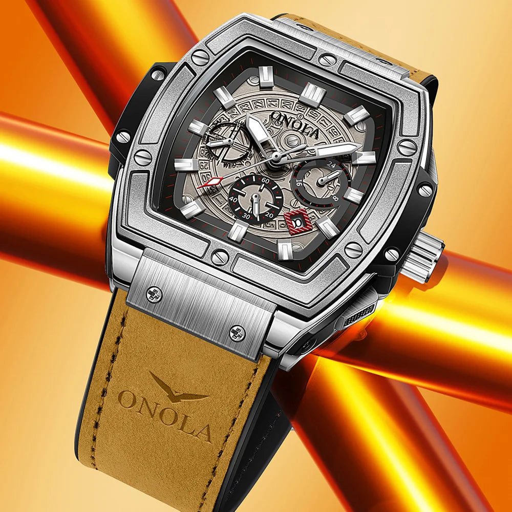 Onola 6819 Fashion Japan Quartz Watch Male Waterproof Sport Men's Wristwatches Clock Glass Genuine Leather Alloy Tonneau Watches