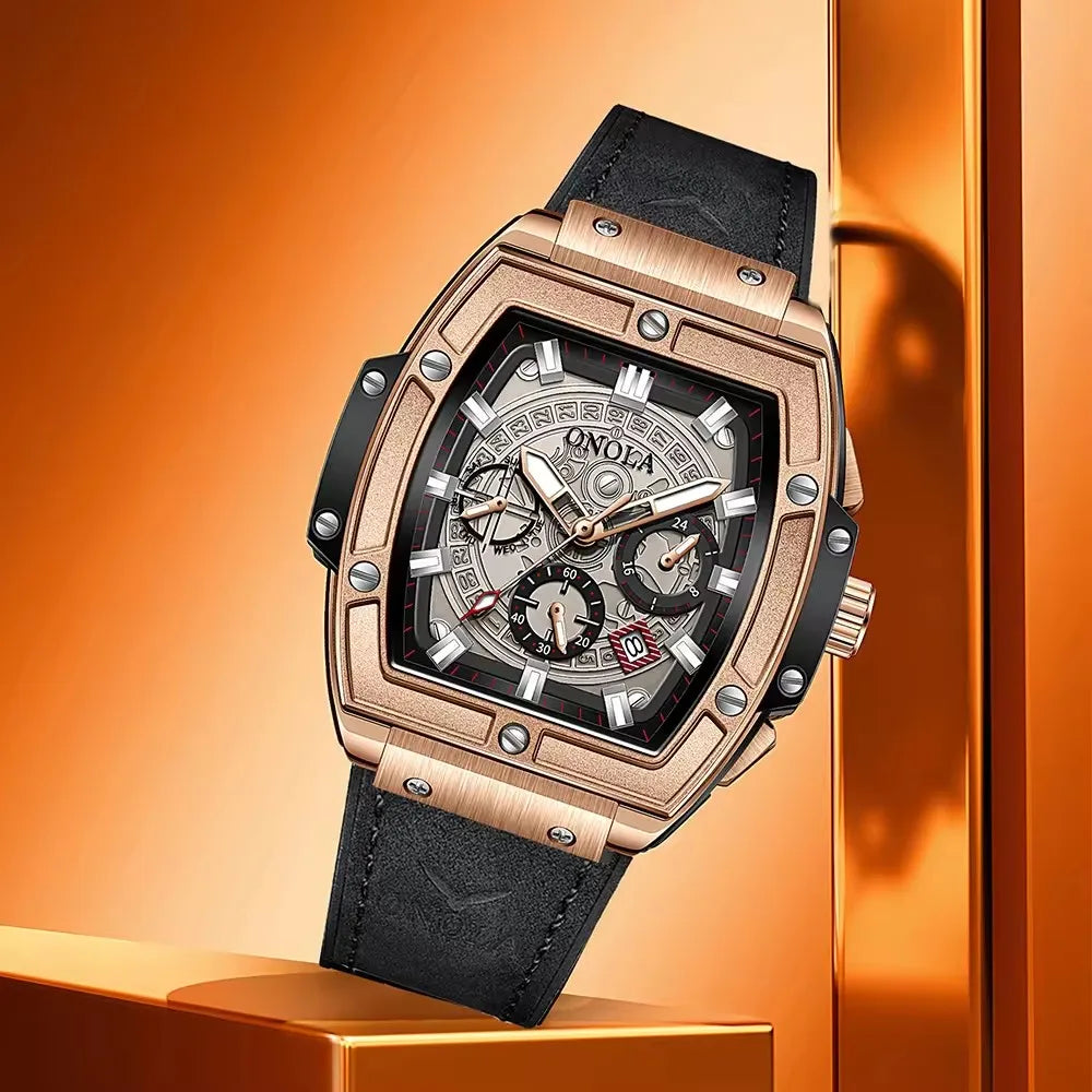 Onola 6819 Fashion Japan Quartz Watch Male Waterproof Sport Men's Wristwatches Clock Glass Genuine Leather Alloy Tonneau Watches