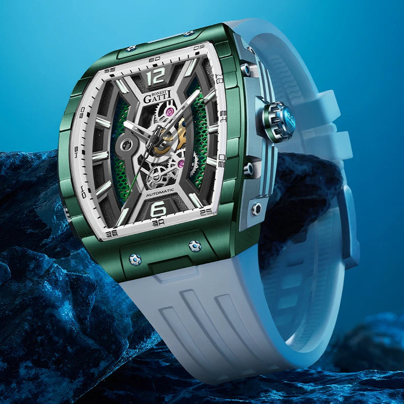 Bonest Gatti Luxury Big Skeleton Dial Mens Watch Moon Phase Tourbillon Rubber Men Automatic Watches