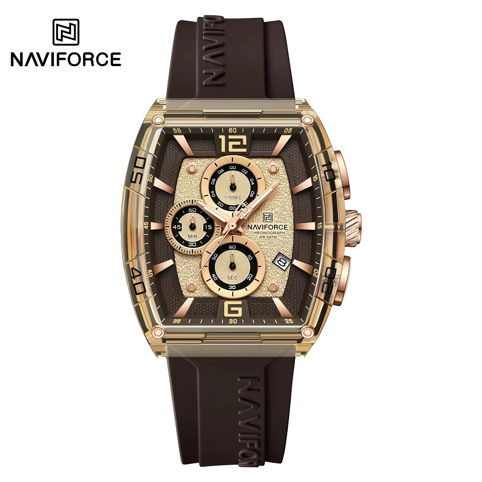 NAVIFORCE 6101 Men's Quartz Watch Casual Outdoor Sports Fashion Tonneau Dial Luminous Waterproof Silicone Strap Luxury