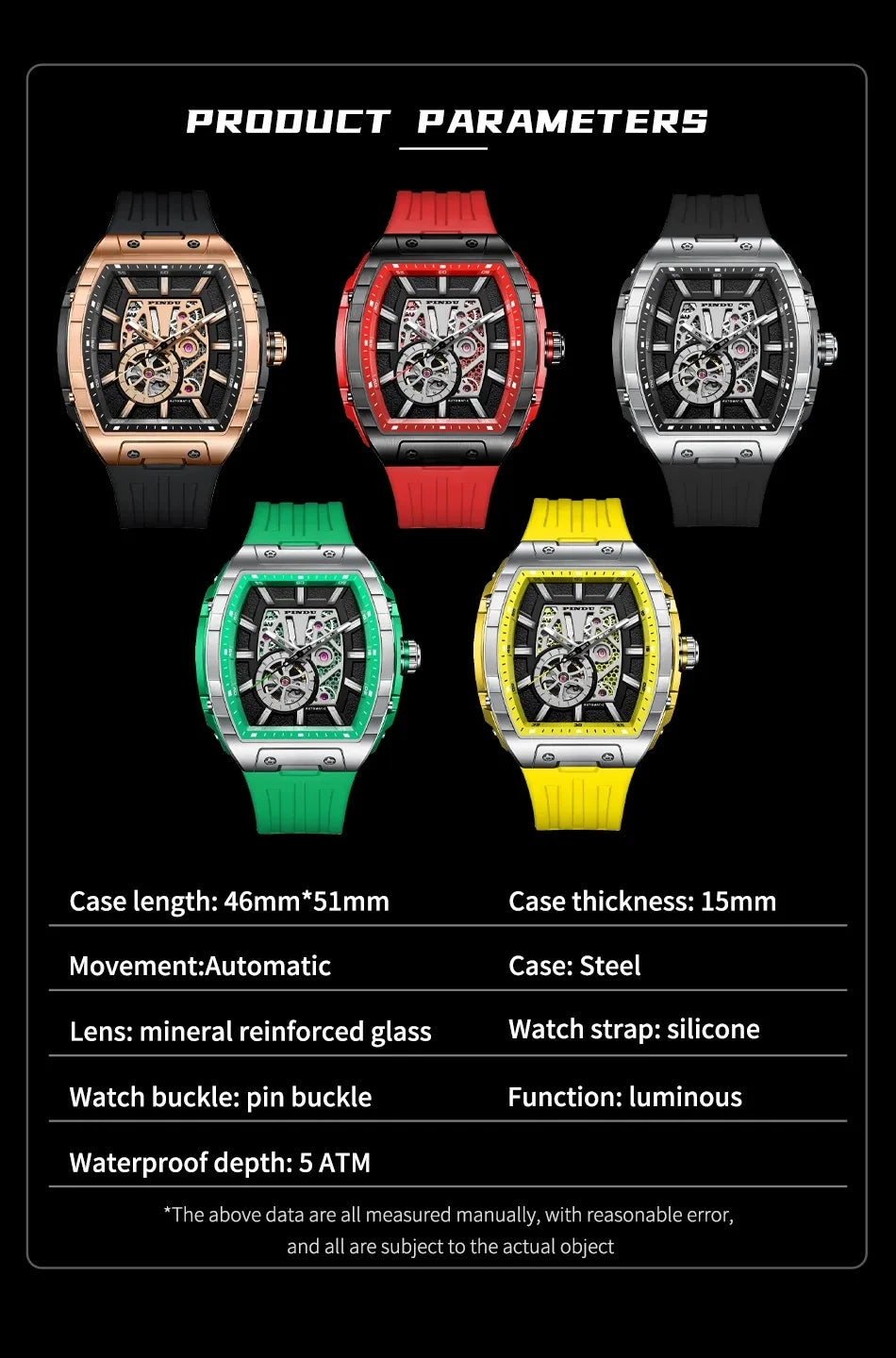 Pindu Design V2 Luxury Men's Automatic Mechanical Watch 120 Click Miyota 82S0 AR Sapphire Glass Analog Tonneau Business Style