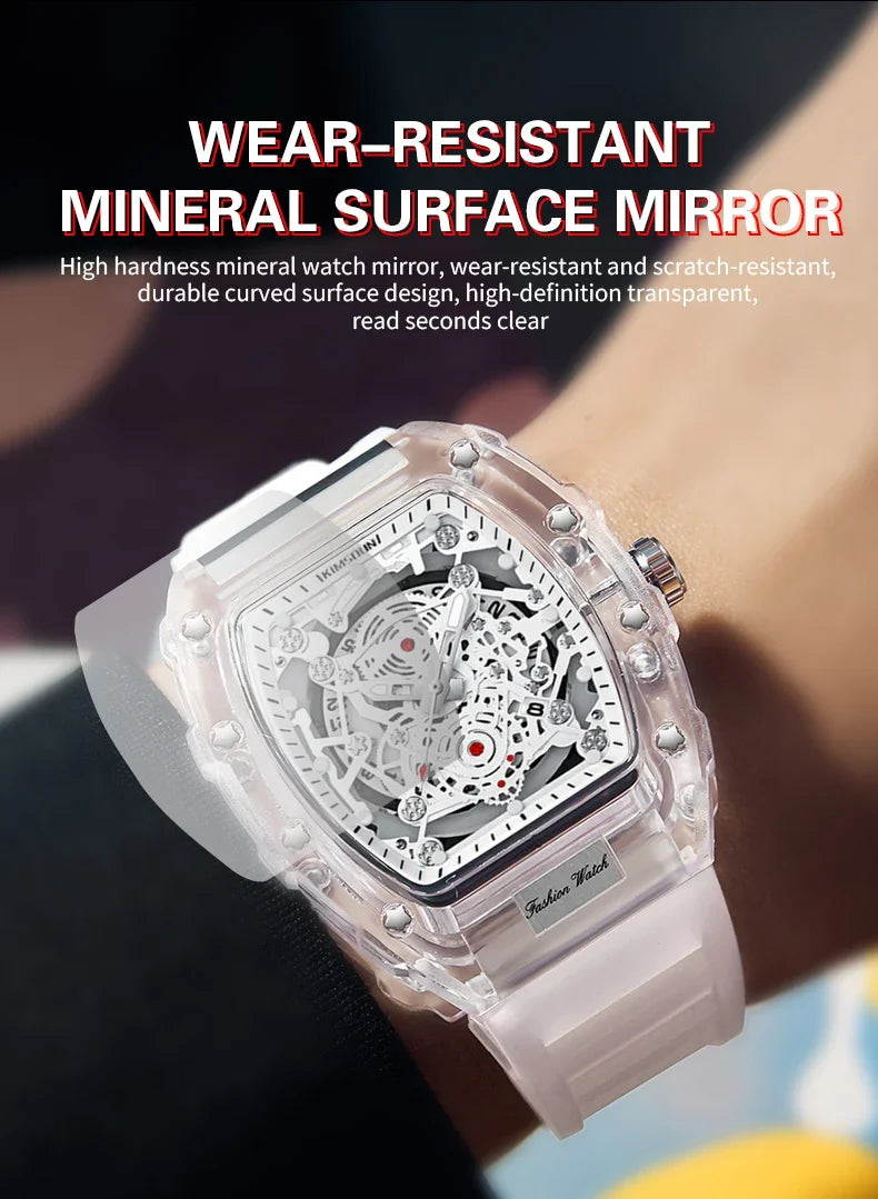 Fashionable Casual Men's Watch Luminous Calendar Function Silicone Strap Tonneau Shaped Transparent Case Men Quartz Watch Reloj