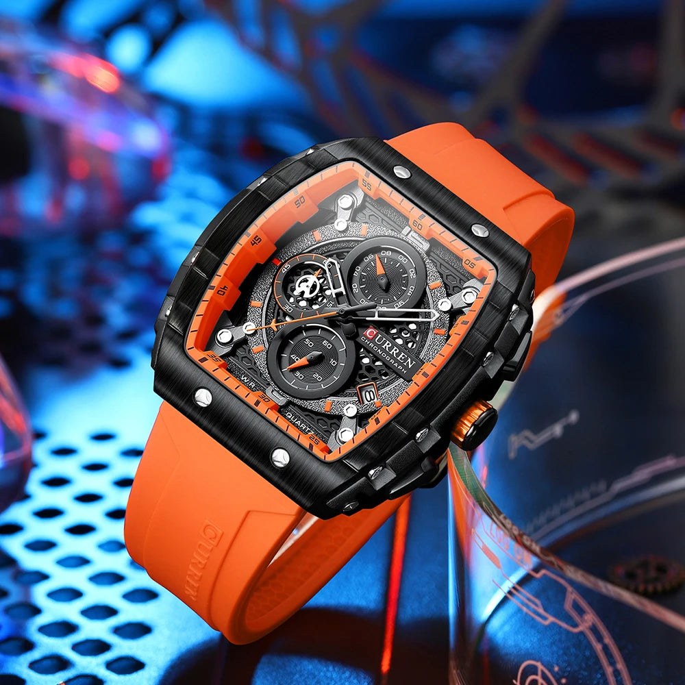 CURREN Square  Quartz Wristwatches Silicone Straps Men's Watches With Auto Date Casual Chronograph Waterproof Luminous Clock Mal