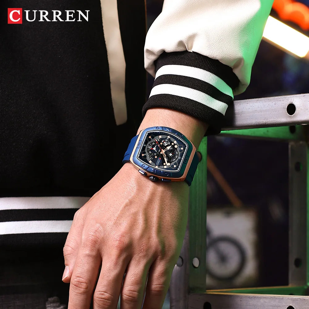 CURREN Luxury Sports Quartz Wristwatches for Men Colorful Multi Functional Tonneau Type Watch with Auto Date
