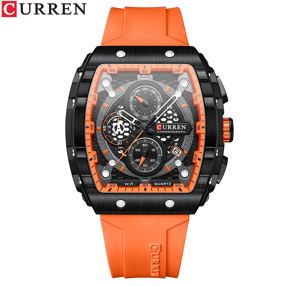 CURREN Square  Quartz Wristwatches Silicone Straps Men's Watches With Auto Date Casual Chronograph Waterproof Luminous Clock Mal