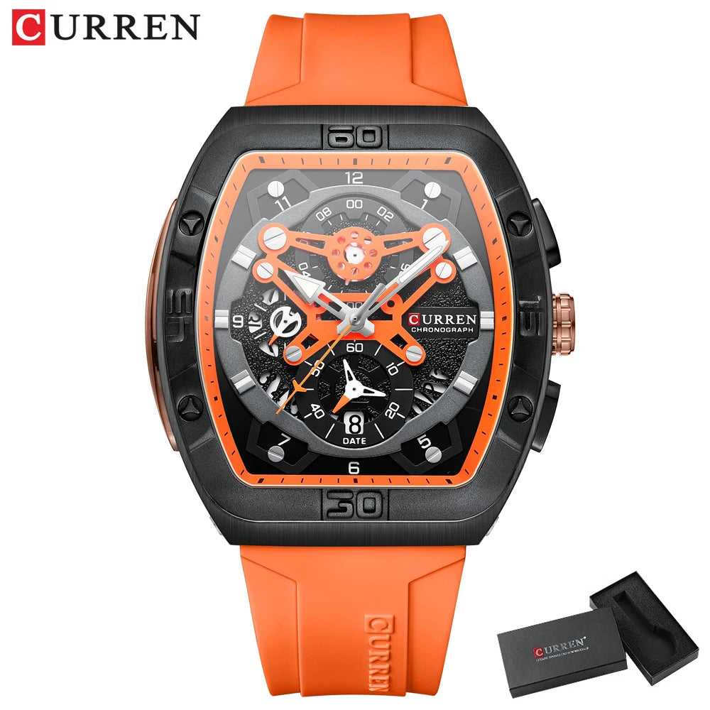 CURREN Luxury Sports Quartz Wristwatches for Men Colorful Multi Functional Tonneau Type Watch with Auto Date