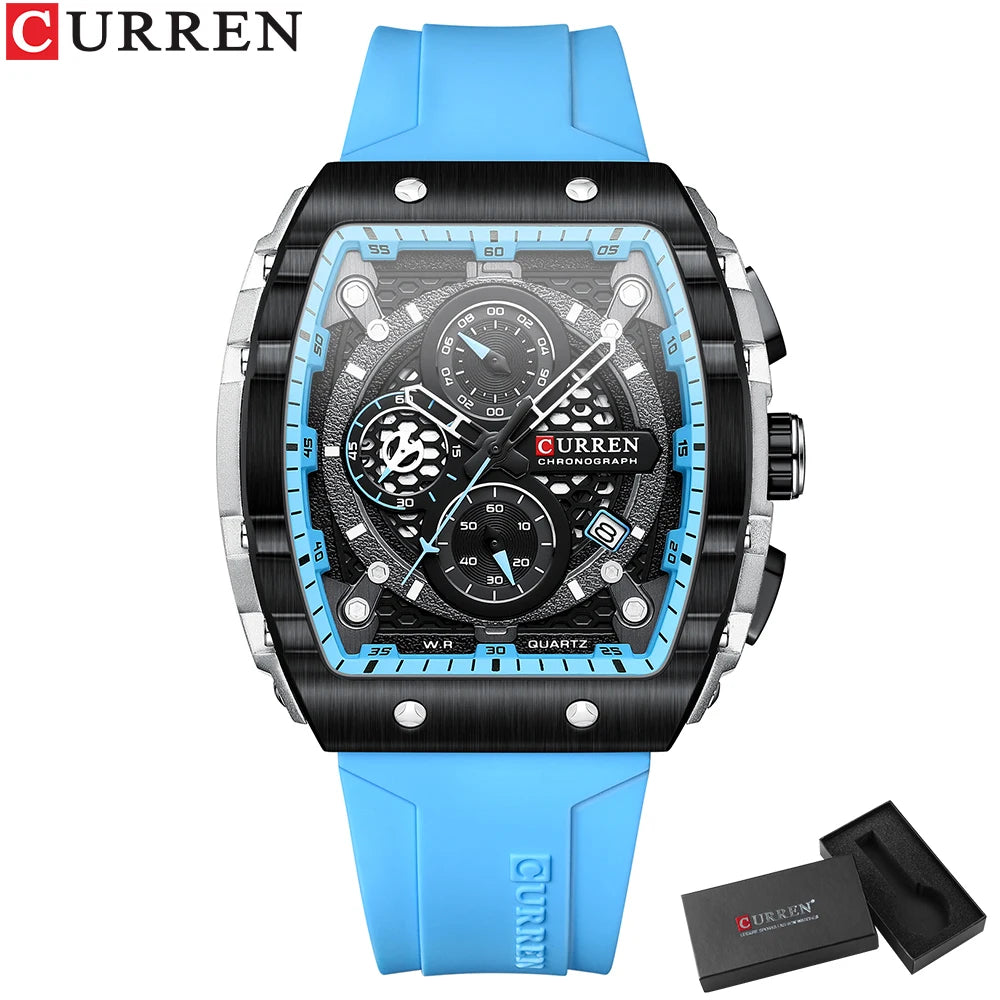 CURREN Square  Quartz Wristwatches Silicone Straps Men's Watches With Auto Date Casual Chronograph Waterproof Luminous Clock Mal