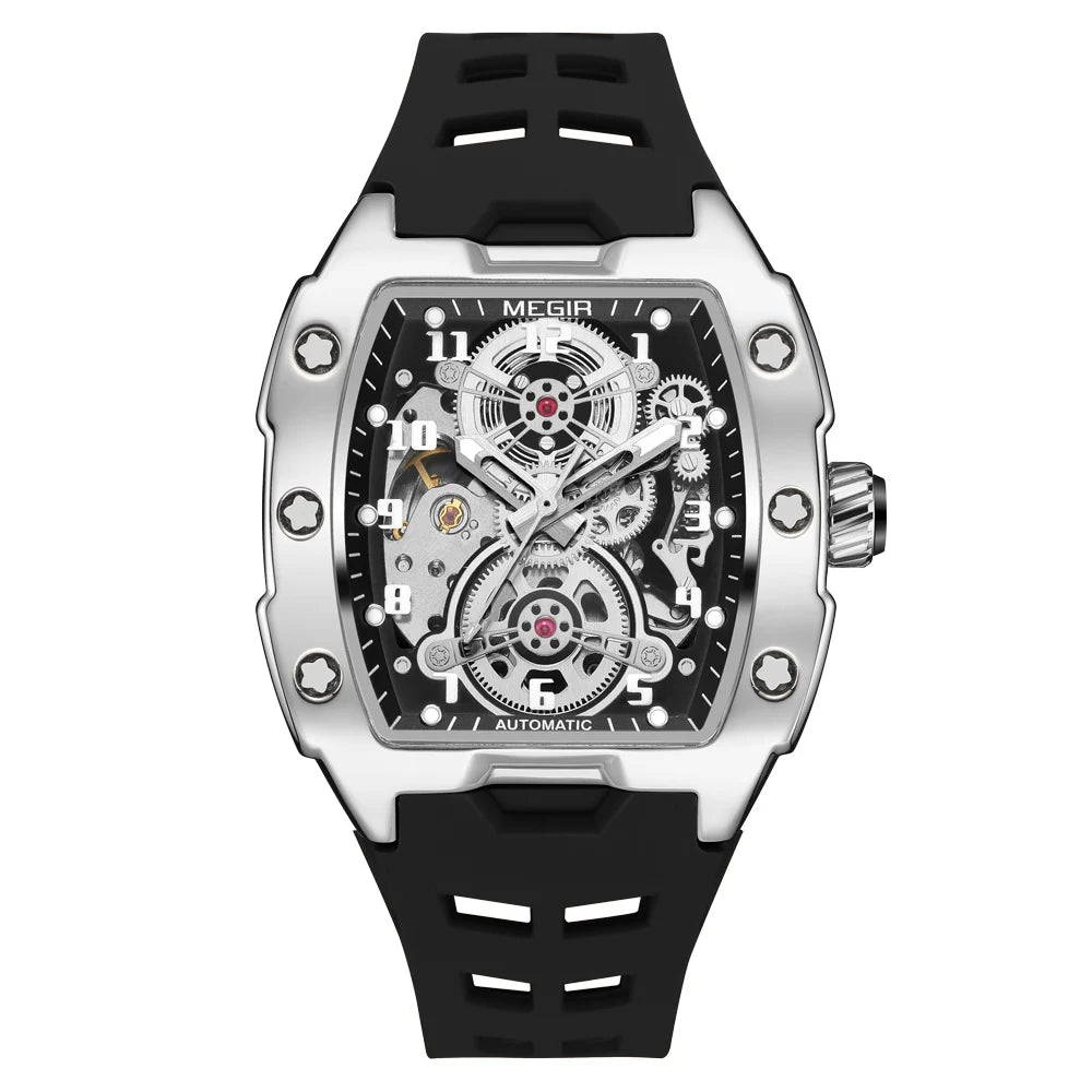 MEGIR Blue Automatic Mechanical Watch for Men Fashion Casual Sport Waterproof Wristwatch Male with Silicone Strap Tonneau Dial