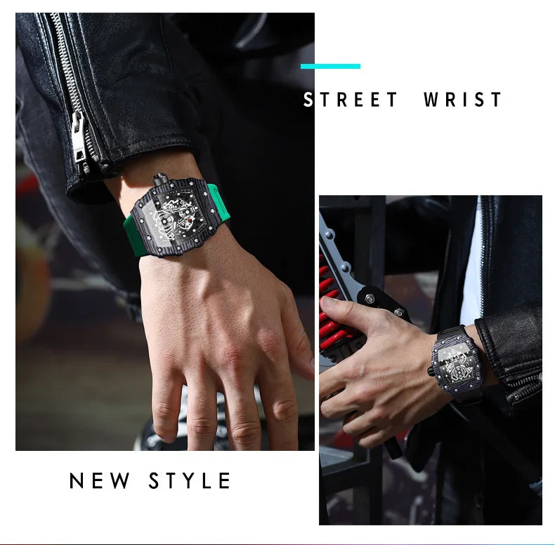 BINBOND Brand Men Watch Domineering Barrel Watch Curved Mirror Hollow Surface Sports Men Watch Silicone Quartz Wristwatch B8577