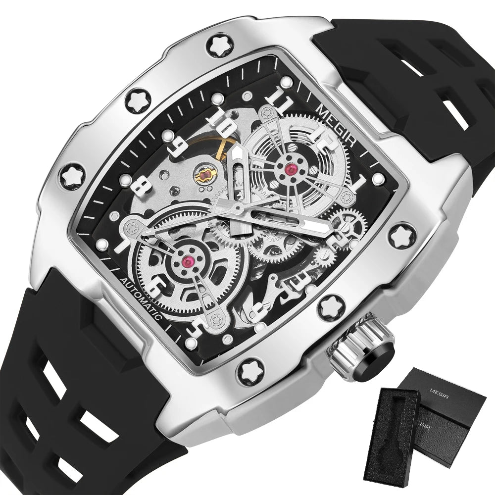 MEGIR Blue Automatic Mechanical Watch for Men Fashion Casual Sport Waterproof Wristwatch Male with Silicone Strap Tonneau Dial