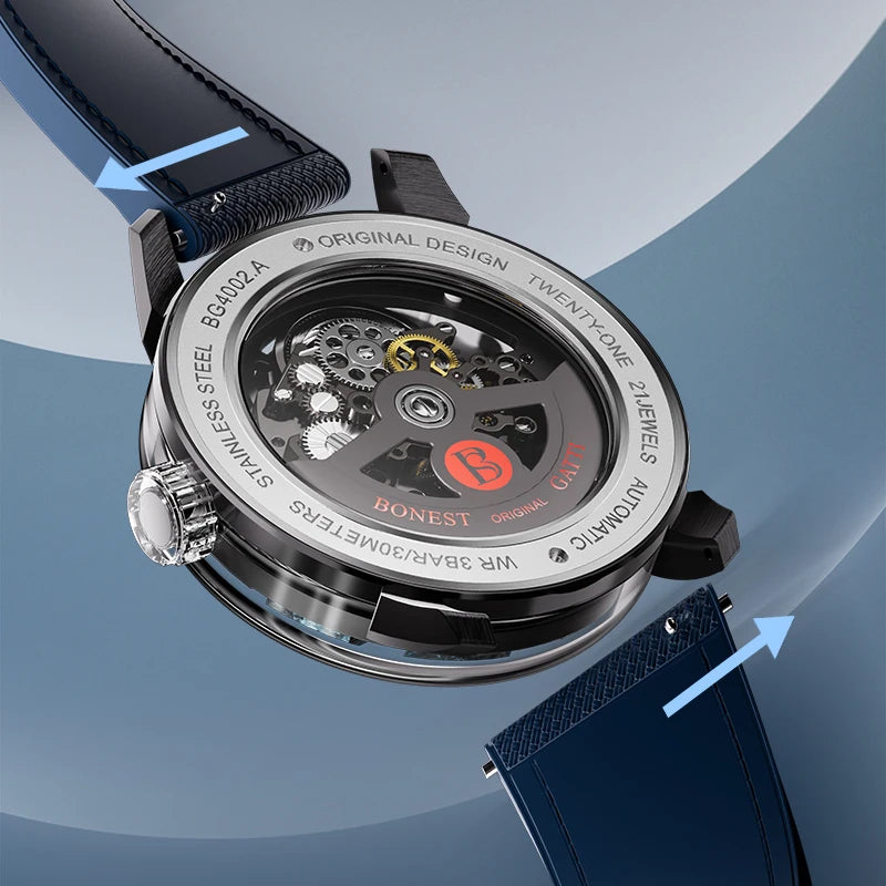 BONEST GATTI Men's Automatic Mechanical Watch with Sapphire Crystal, 316 Stainless Steel, Skeleton Movement, Waterproof, German