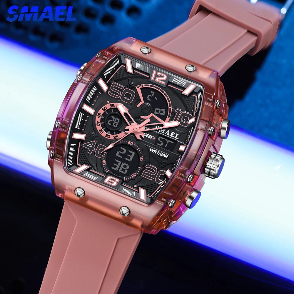 SMAEL Tonneau Dial Men's Watch Multifunctional Sport Waterproof LED Digital Dual Display Leisure Student Electronic Watches Male