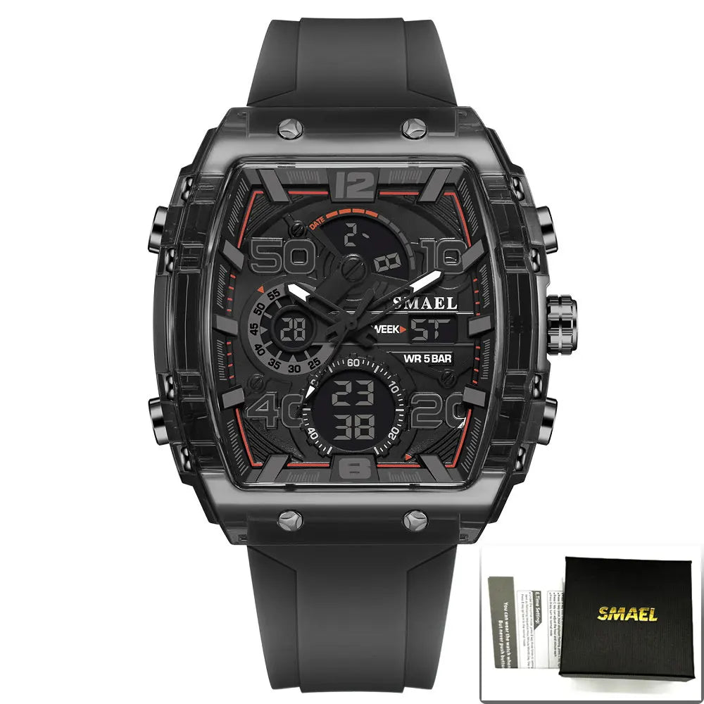 SMAEL Tonneau Dial Men's Watch Multifunctional Sport Waterproof LED Digital Dual Display Leisure Student Electronic Watches Male